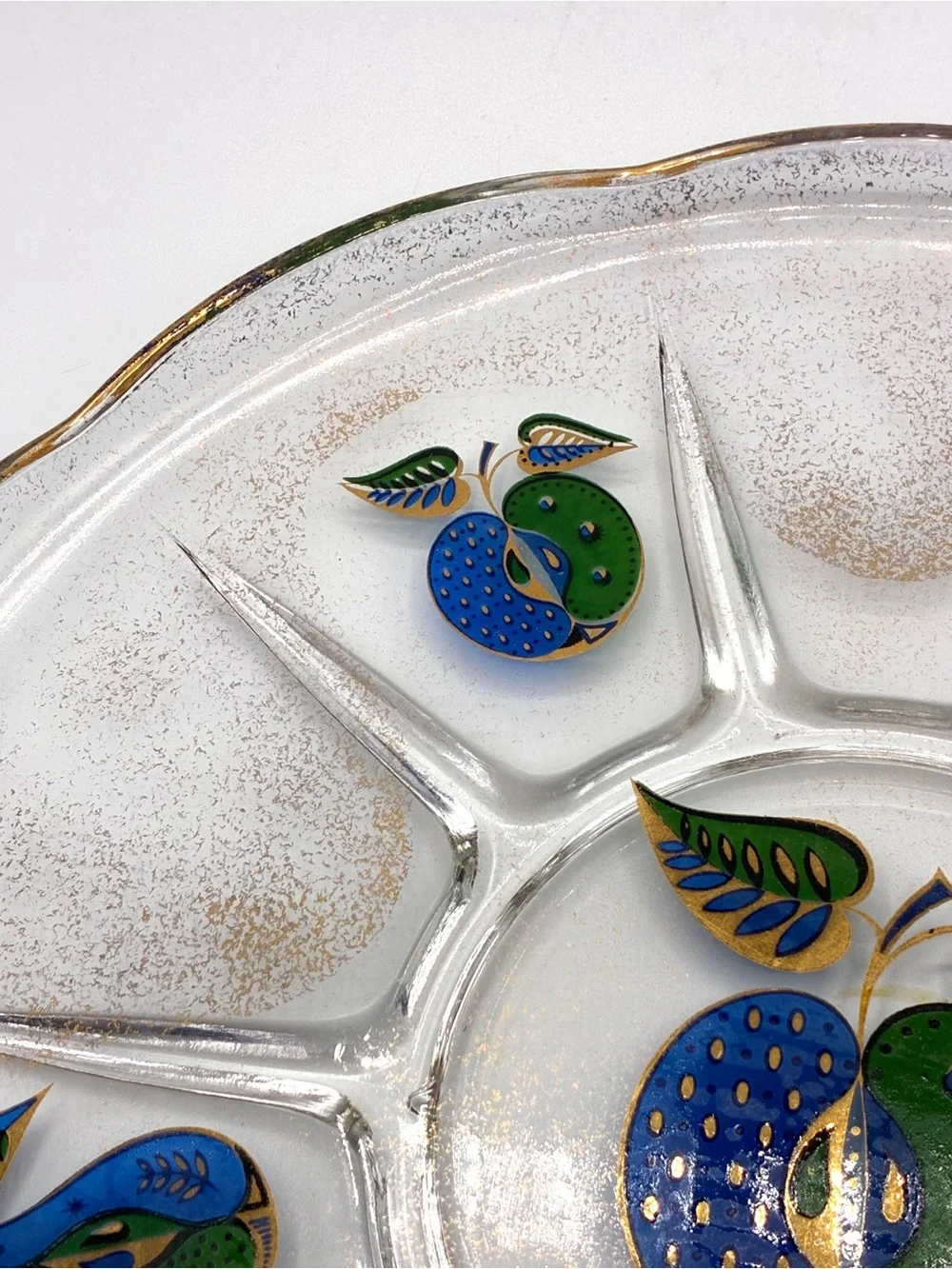 Vintage Georges Briard Divided Glass Serving Tray Gold Blue Green Fruit MCM